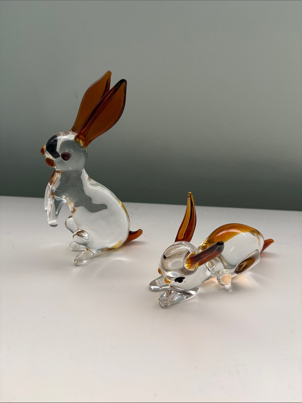 Glass Rabbit Figurines - Clear with Amber Accents